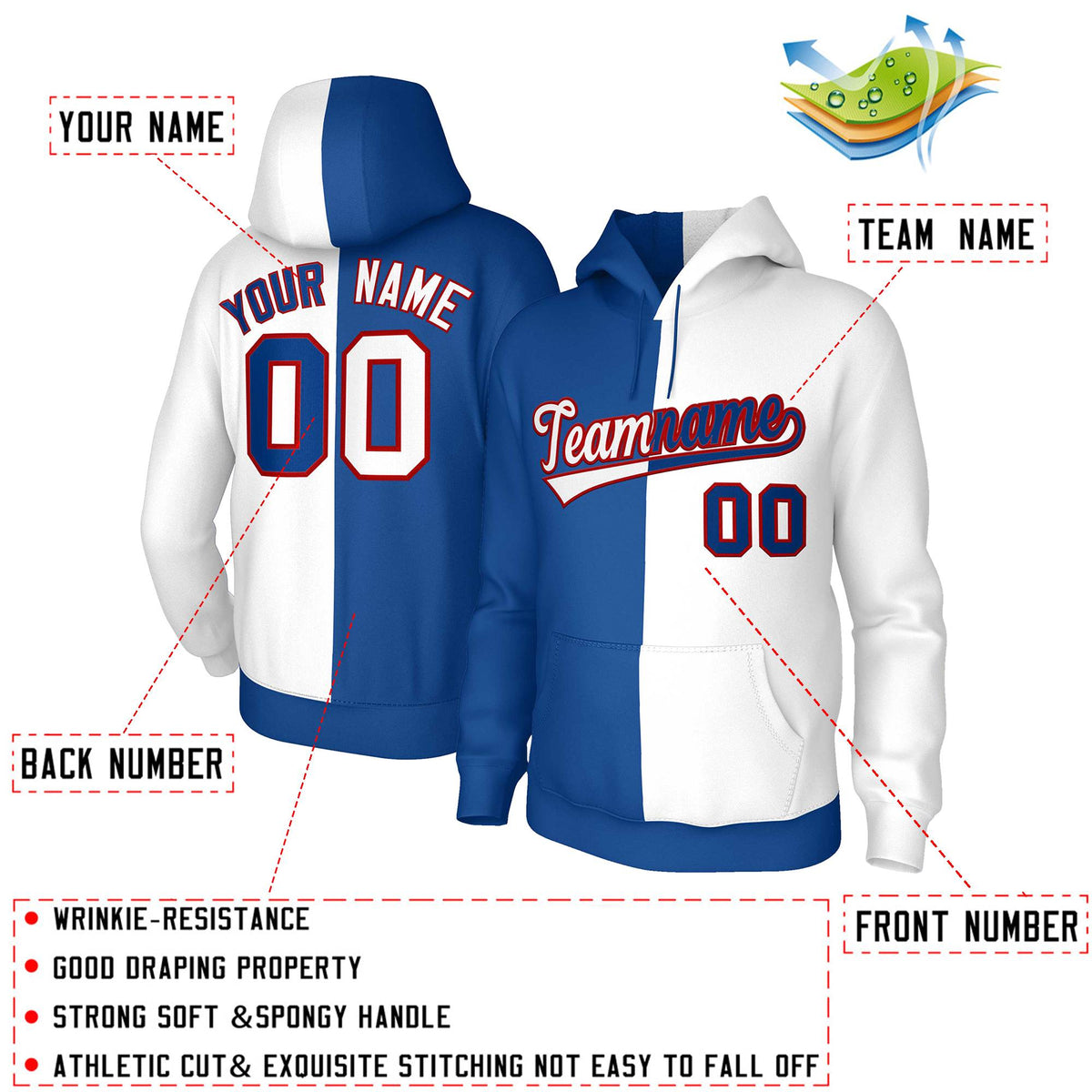 Custom Royal White White-Red Split Fashion Stitched Sportwear Pullover Hoodie