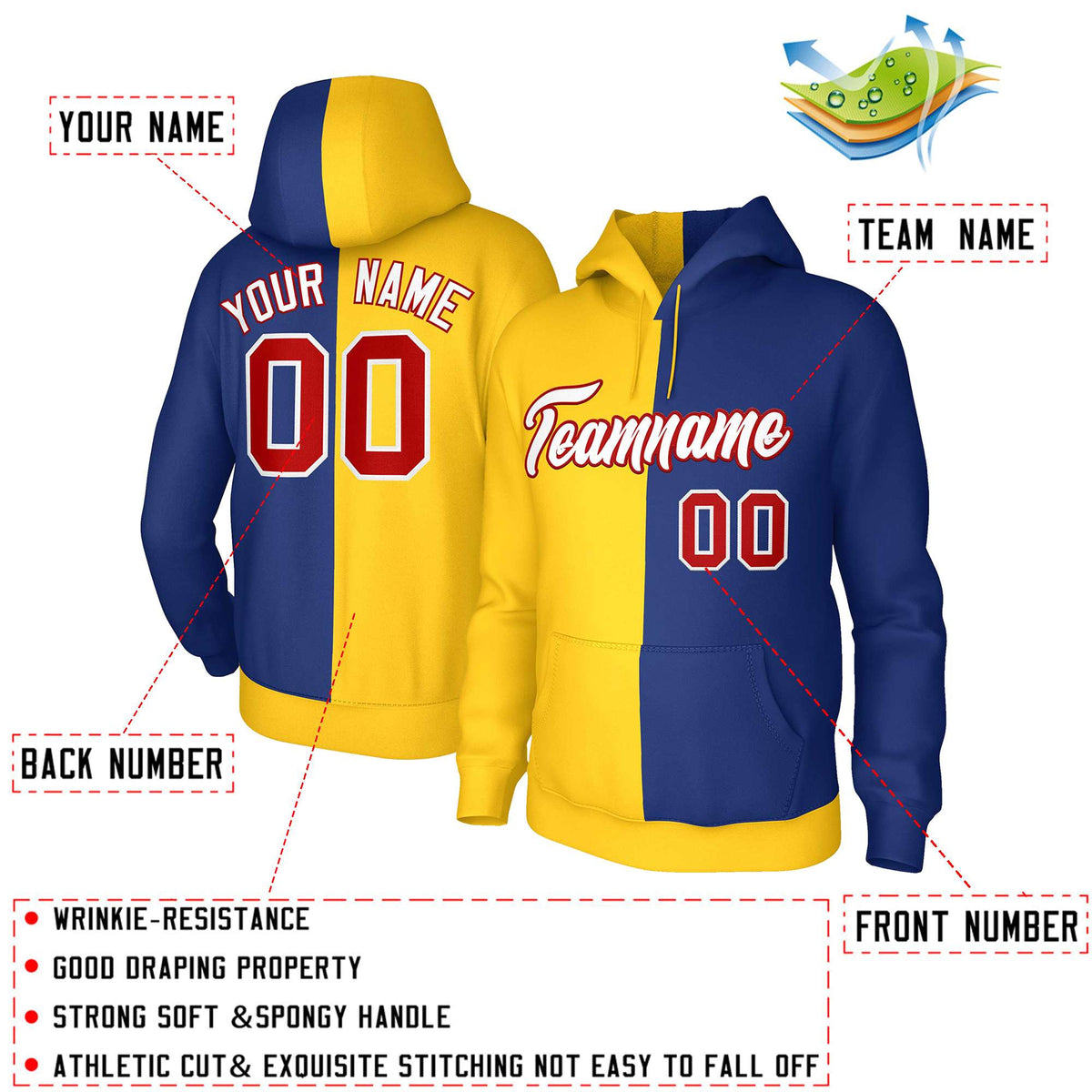 Custom Gold Royal White-Red Split Fashion Stitched Sportwear Pullover Hoodie