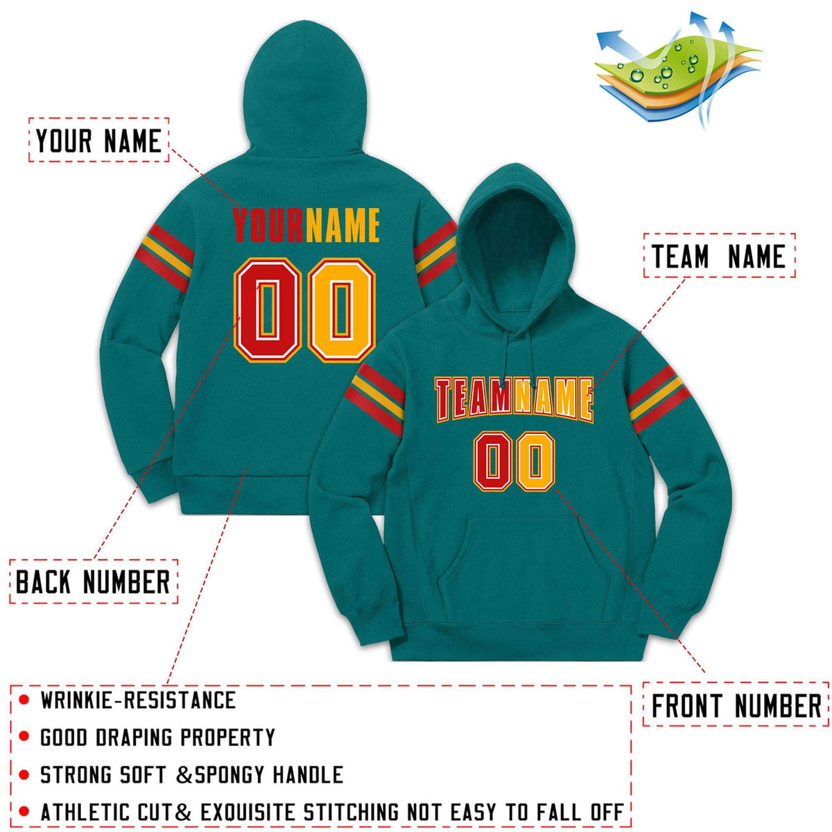 Custom Stitched Aqua Red-Yellow Cotton Pullover Sweatshirt Hoodie
