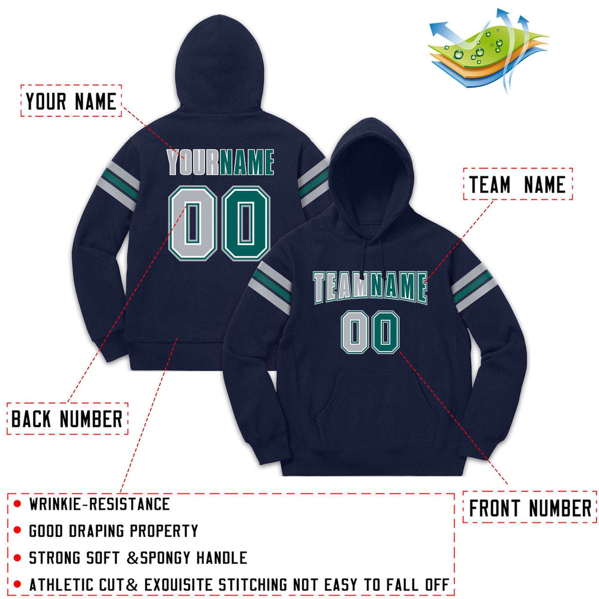 Custom Stitched Navy Gray-Aqua Cotton Pullover Sweatshirt Hoodie