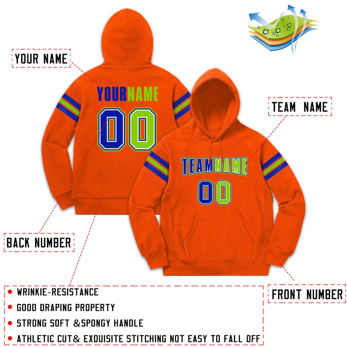 Custom Stitched Orange Royal-Neon Green Cotton Pullover Sweatshirt Hoodie