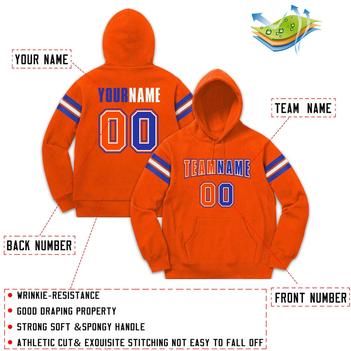 Custom Stitched Orange Royal-White Cotton Pullover Sweatshirt Hoodie