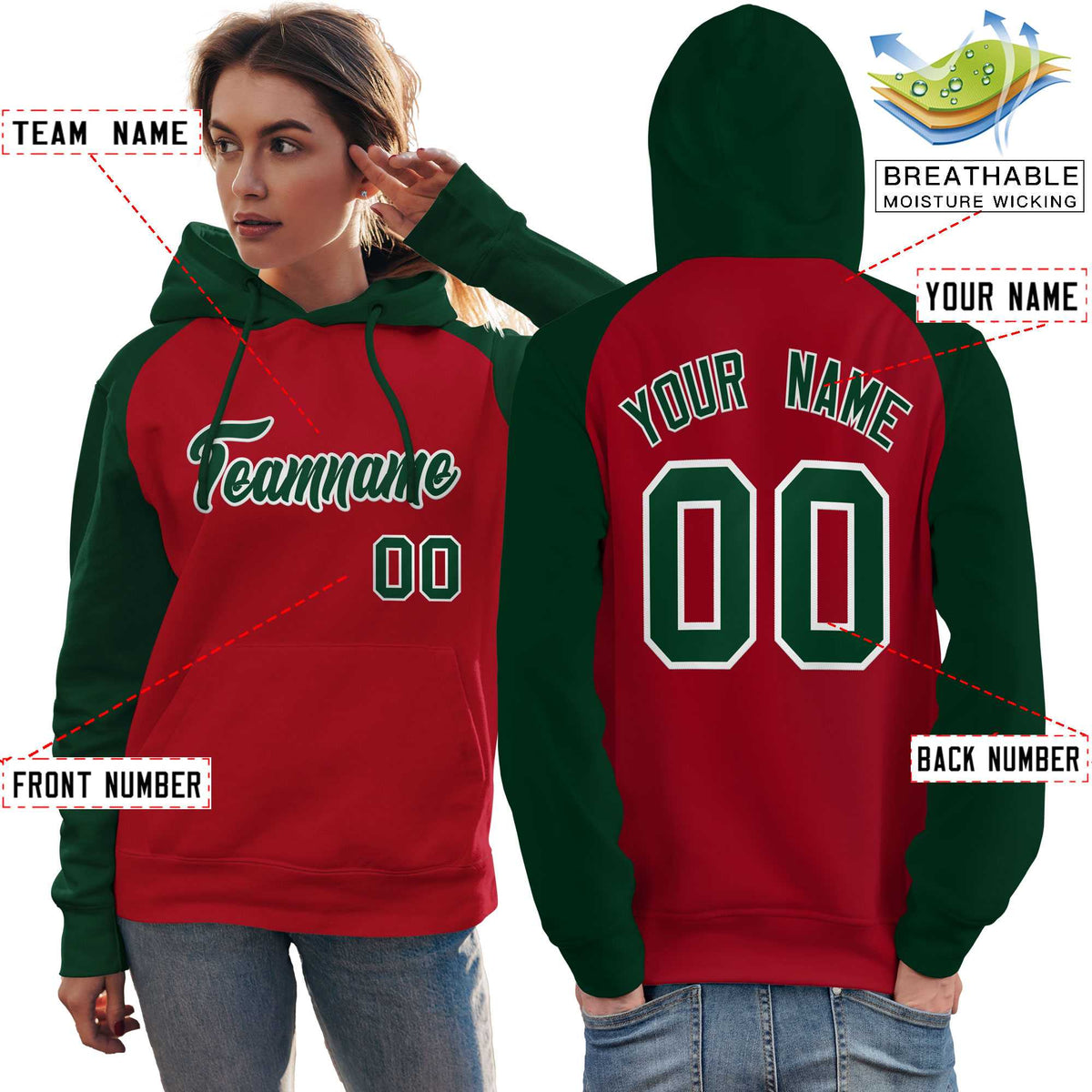 Custom Stitched Red Green Raglan Sleeves Sports Pullover Sweatshirt Hoodie For Women