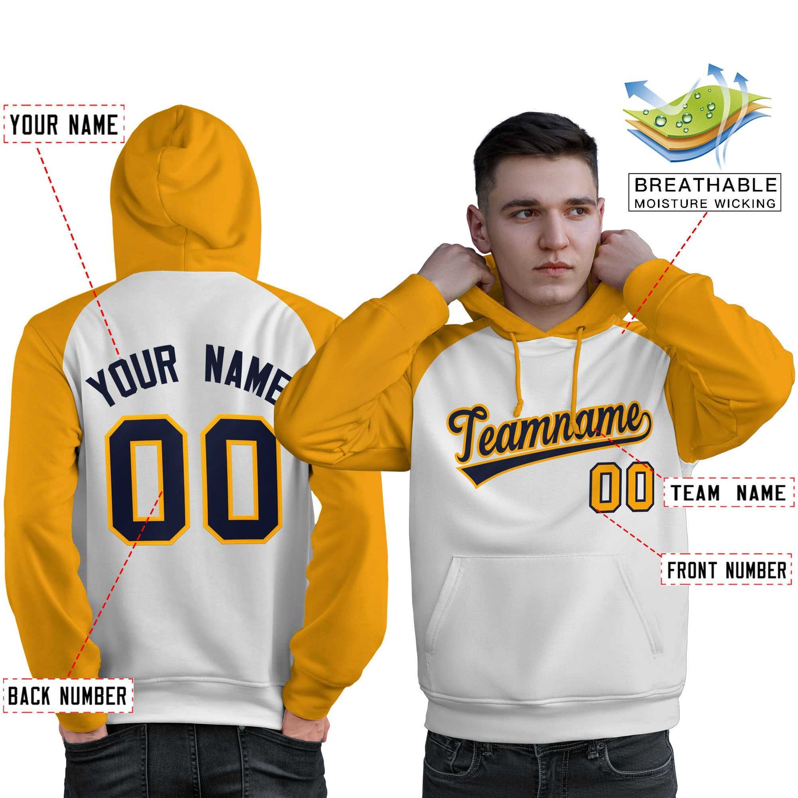 Custom Stitched White Gold-Navy Raglan Sleeves Sports Pullover Sweatshirt Hoodie For Men