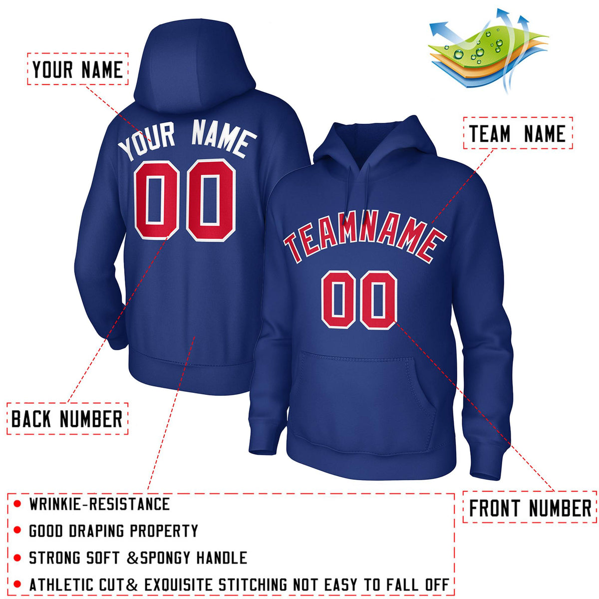 Custom Royal Red-White Classic Style Sweatshirts Uniform Pullover Hoodie