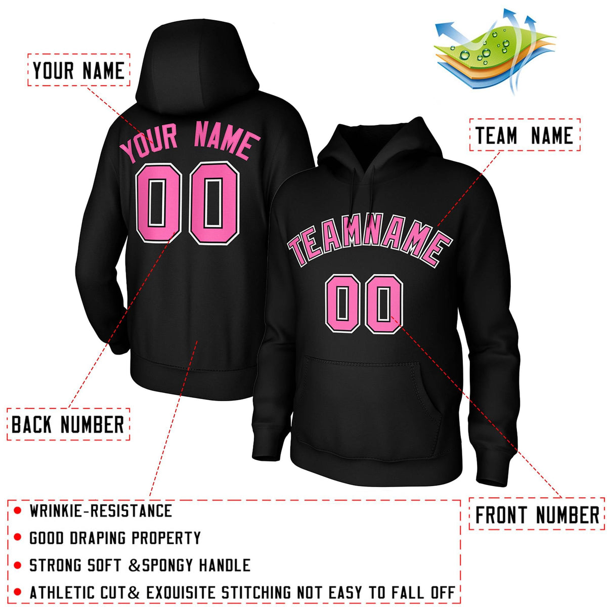 Custom Black Pink-White Classic Style Pullover Sweatshirt Pullover Hoodie
