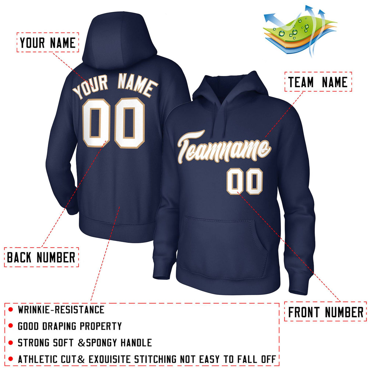 Custom White Gold Classic Style Personalized Uniform Pullover Hoodie