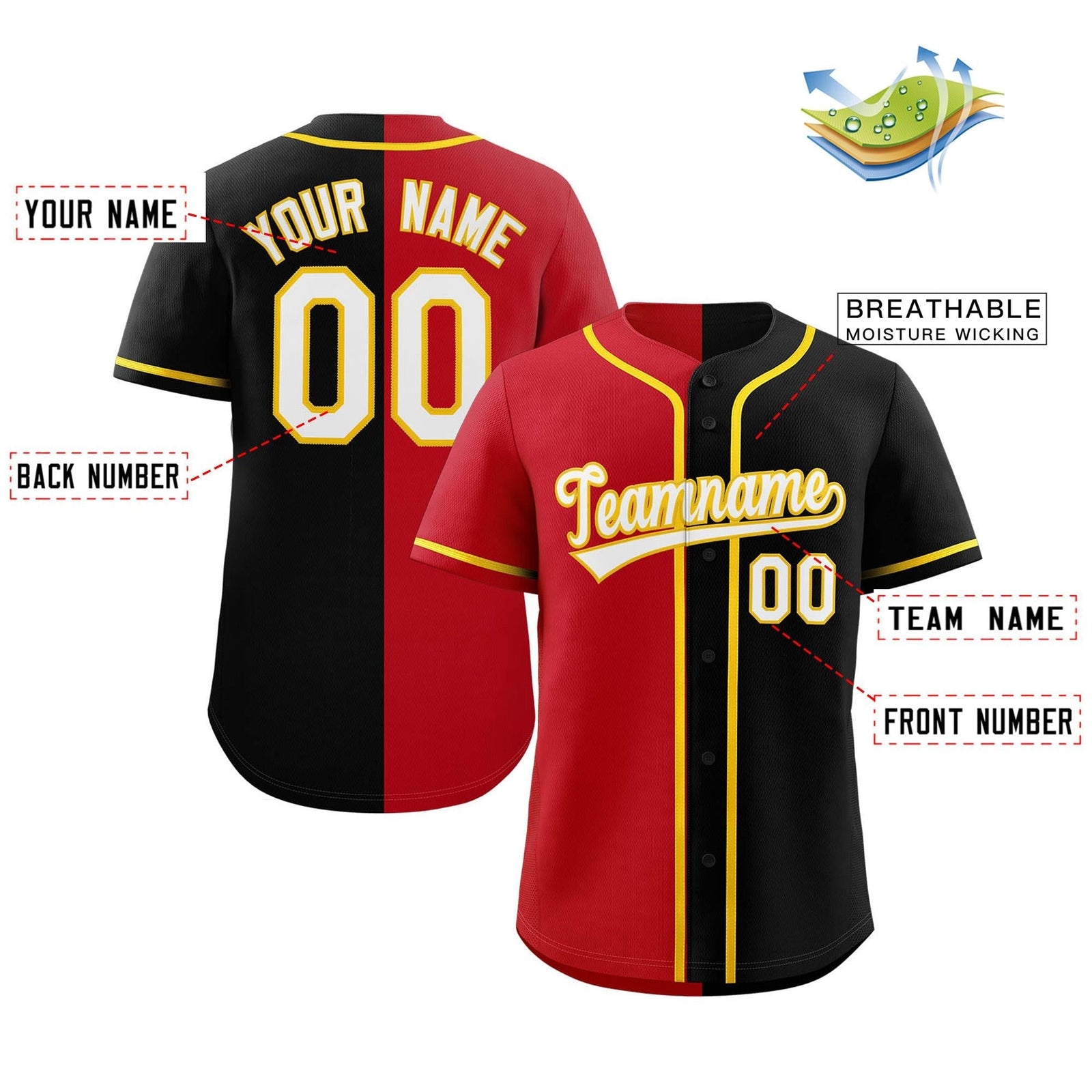 custom black & red split baseeball jersey