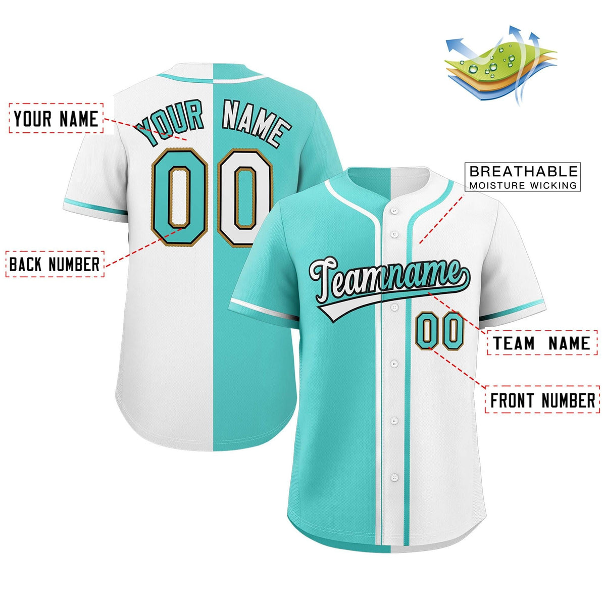 aqua &amp; white custom split baseball jersey