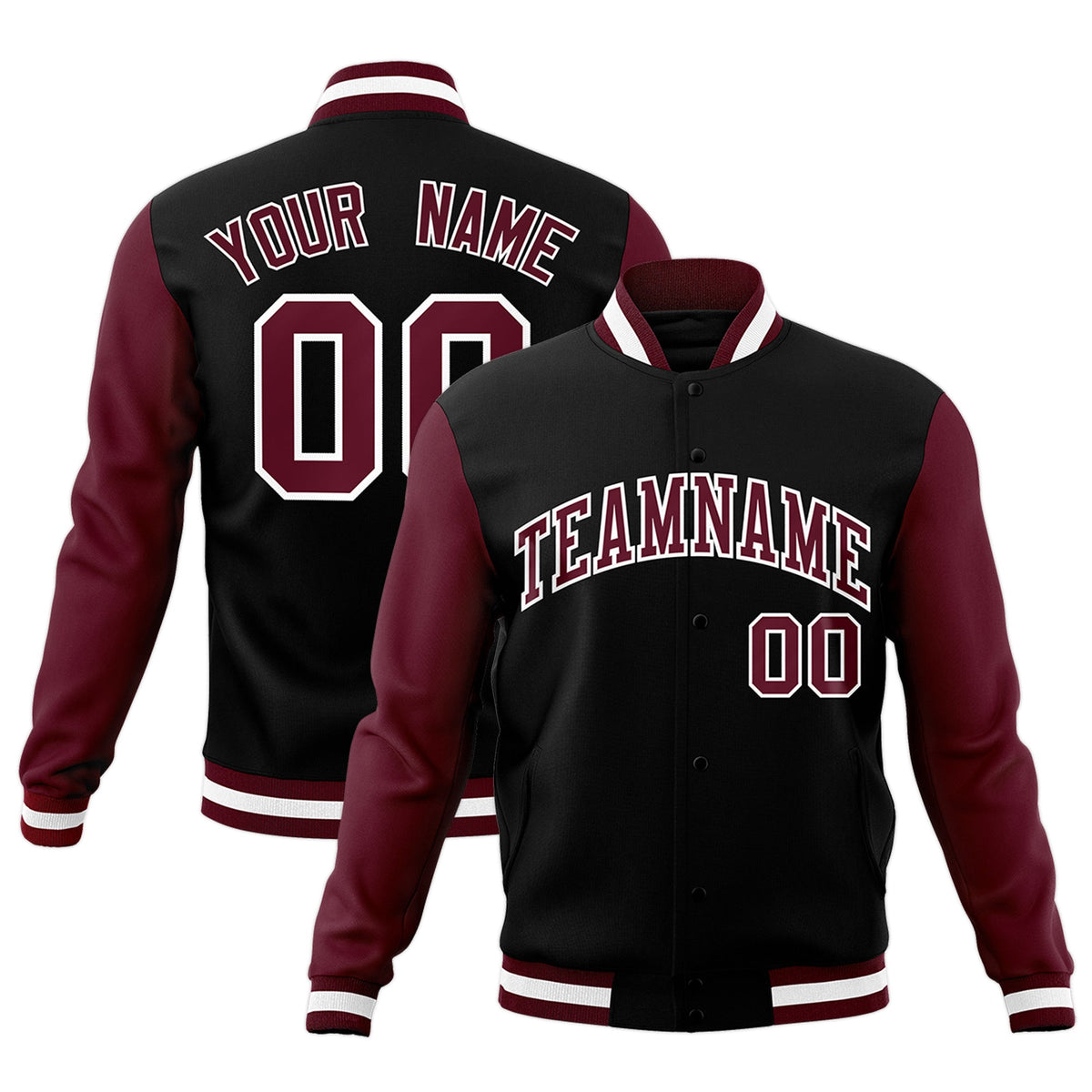 Custom Black Crimson-White Raglan Sleeves Varsity Full-Snap Letterman Jacket