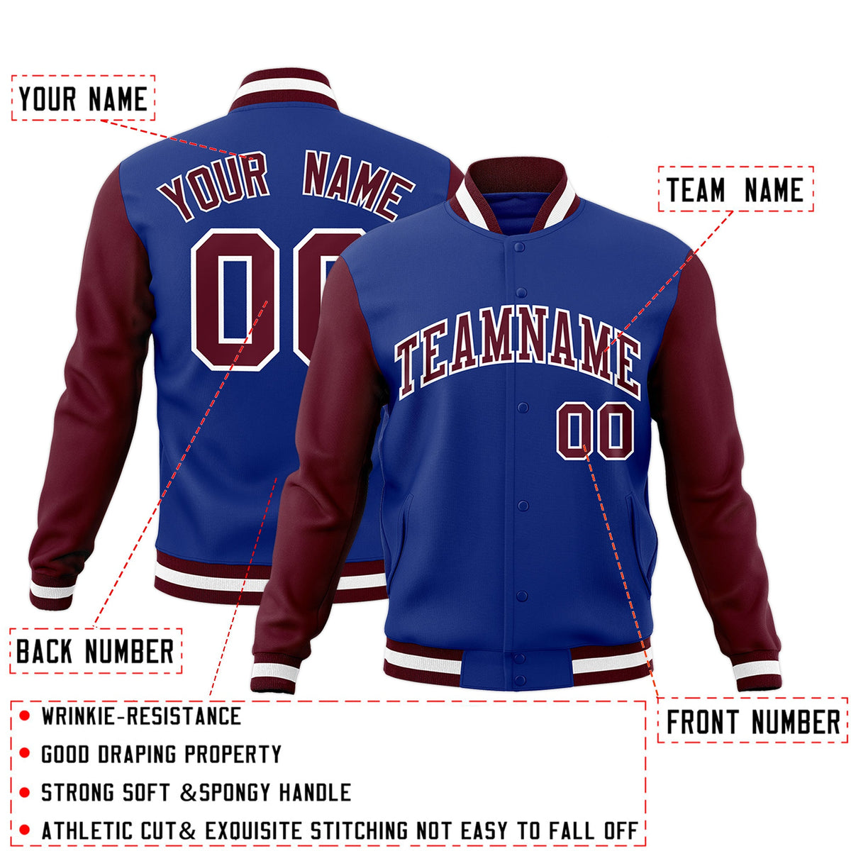 Custom Royal Crimson-White Raglan Sleeves Varsity Full-Snap Letterman Jacket