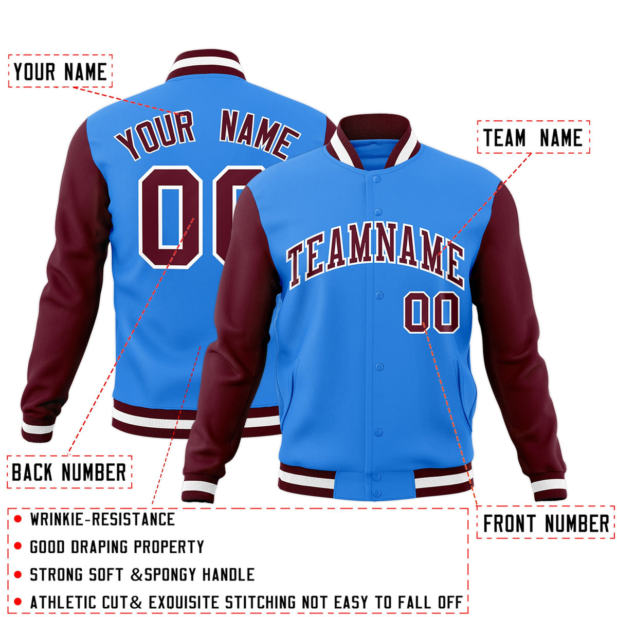 Custom Powder Blue Crimson-White Raglan Sleeves Varsity Full-Snap Letterman Jacket