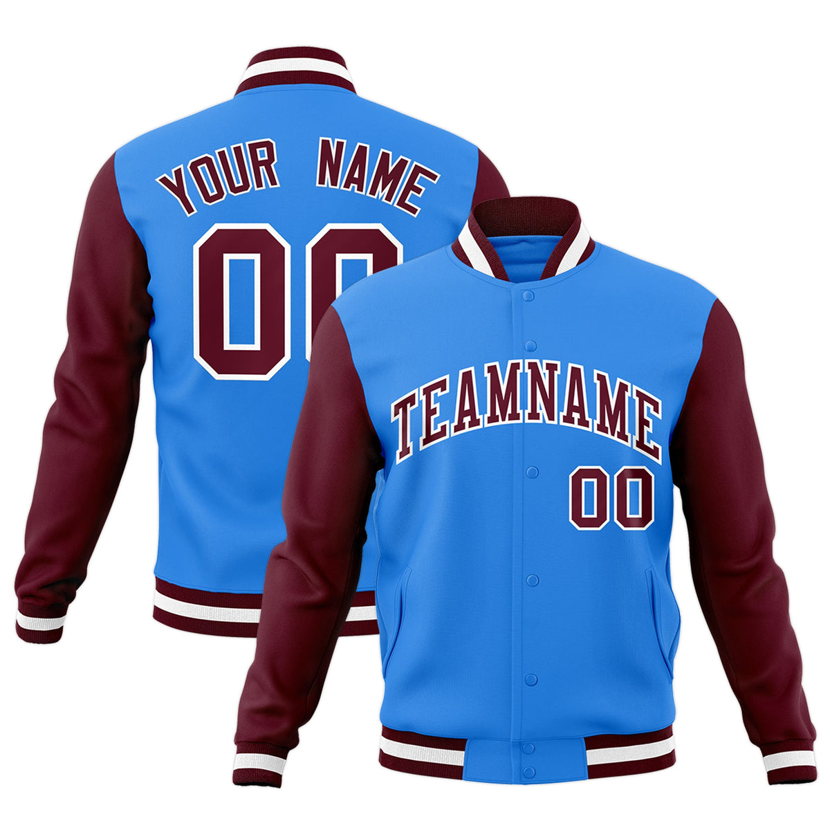 Custom Powder Blue Crimson-White Raglan Sleeves Varsity Full-Snap Letterman Jacket
