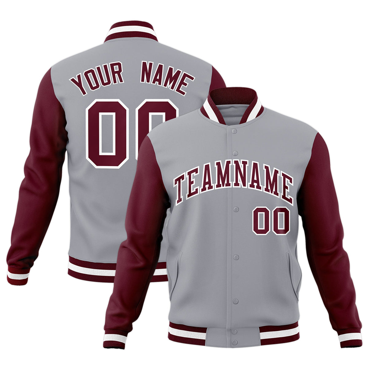 Custom Gray Crimson-White Raglan Sleeves Varsity Full-Snap Letterman Jacket