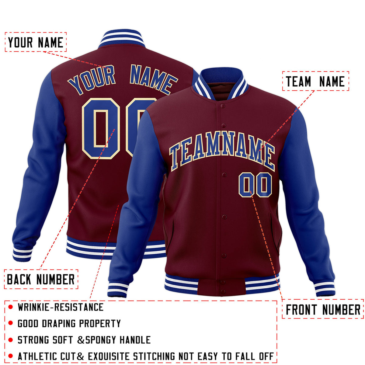 Custom Crimson Royal-Khaki Raglan Sleeves Varsity Full-Snap Letterman Jacket