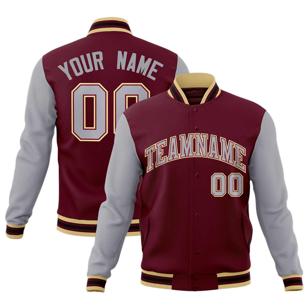 Custom Crimson Gray-Crimson Raglan Sleeves Varsity Full-Snap Letterman Jacket