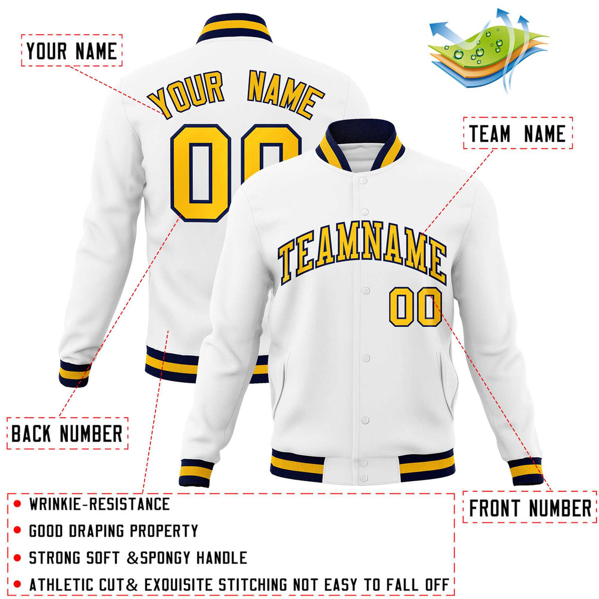 Custom White Gold-Navy Classic Style Varsity Full-Snap Letterman Jacket