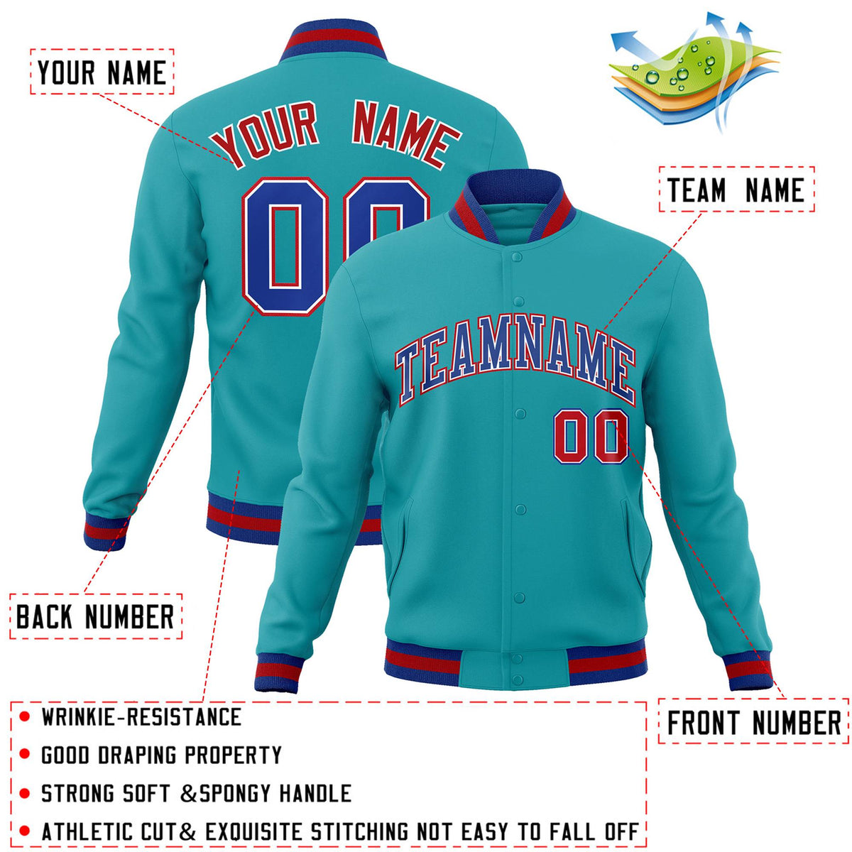 Custom Aqua Royal-White Classic Style Varsity Full-Snap Letterman Jacket