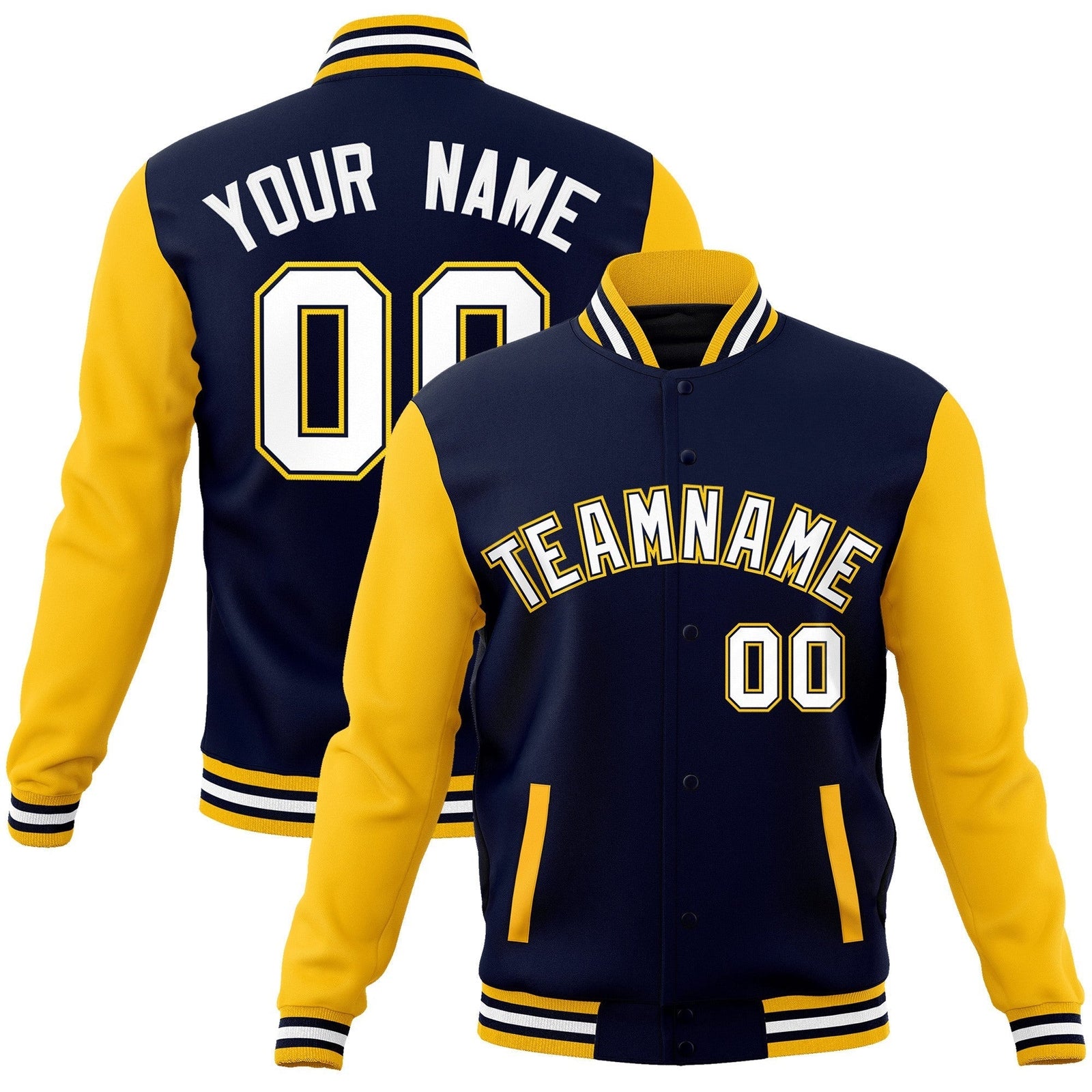 Custom Navy Yellow Raglan Sleeves Varsity Full-Snap Letterman Jacket
