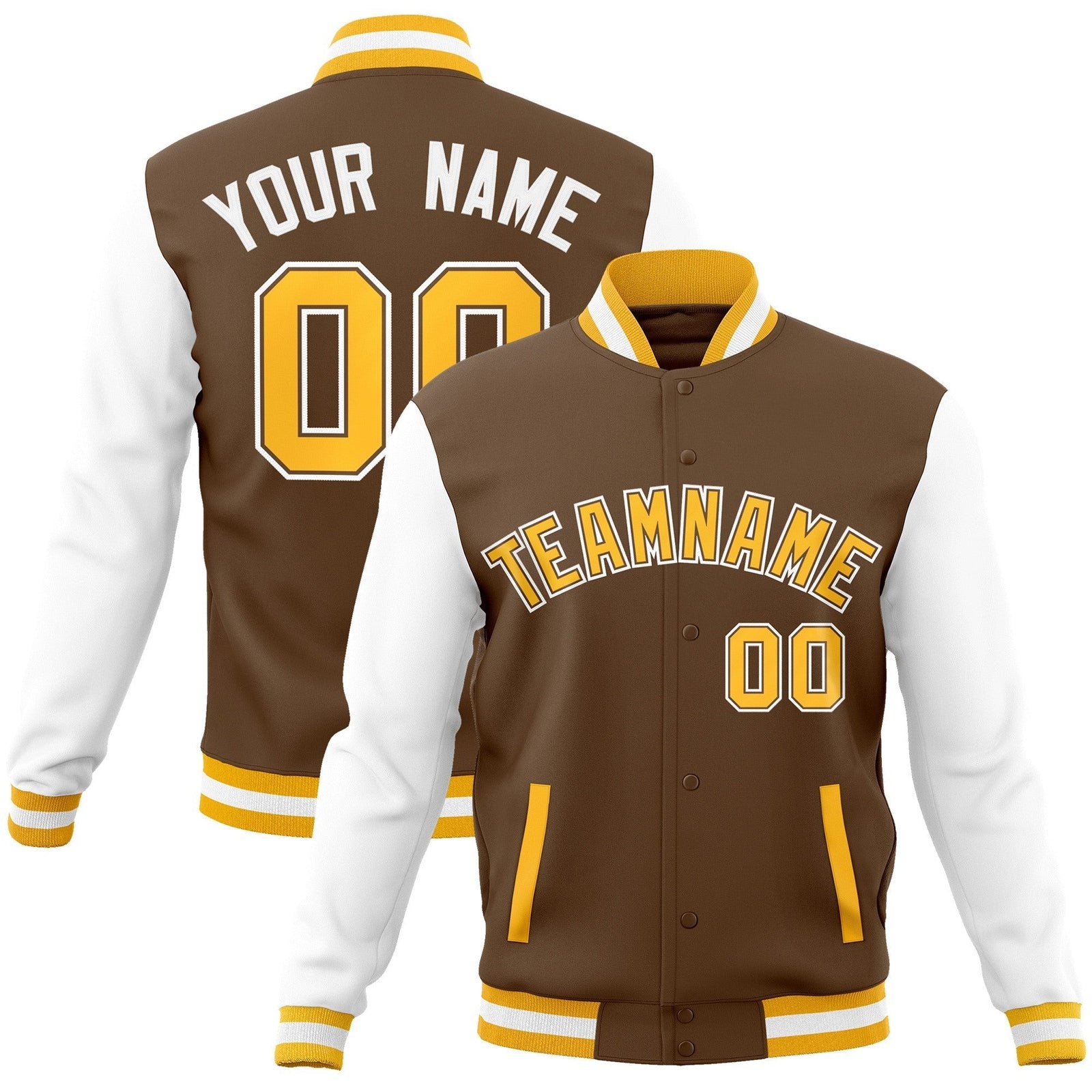 Custom Light Brown Gold-White Raglan Sleeves Varsity Full-Snap Letterman Jacket
