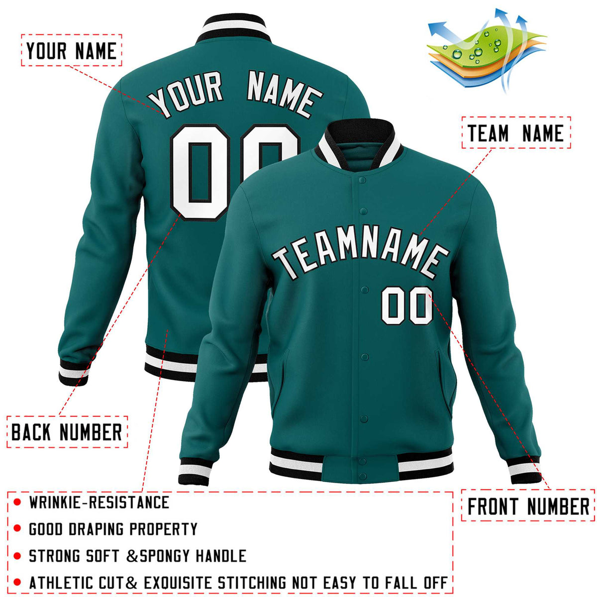 Custom Aqua White-Black Classic Style Varsity Full-Snap Letterman Jacket