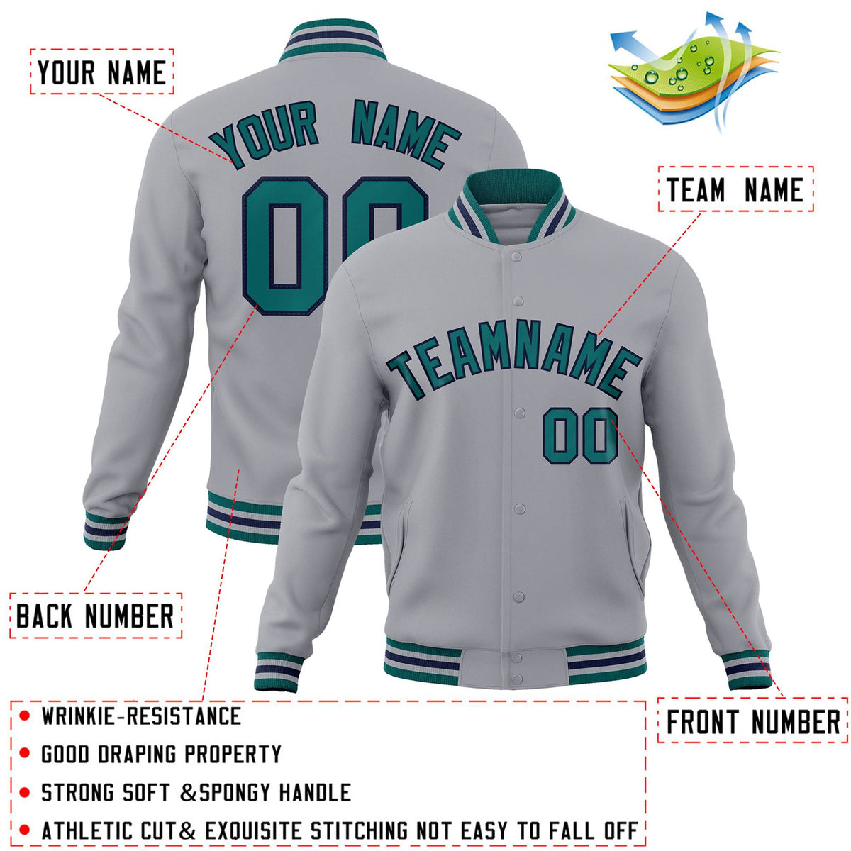 Custom Gray Aqua-Navy Classic Style Varsity Full-Snap Letterman Jacket