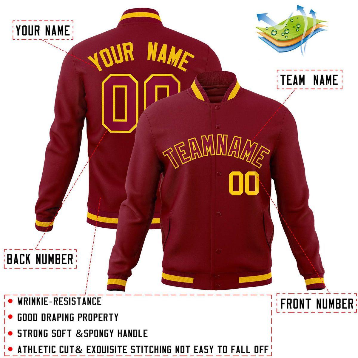 Custom Crimson Crimson-Gold Classic Style Varsity Full-Snap Letterman Jacket