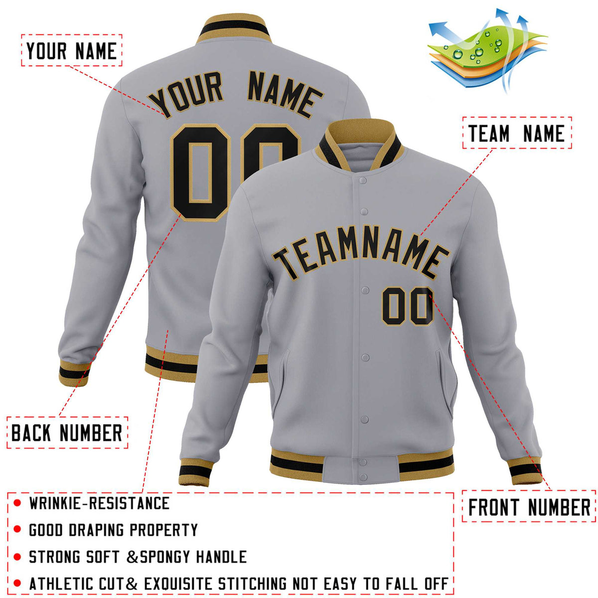 Custom Gray Black-Old Gold Classic Style Varsity Full-Snap Letterman Jacket