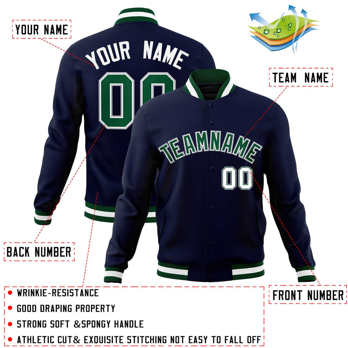 Custom Navy Green-Gray Classic Style Varsity Full-Snap Letterman Jacket