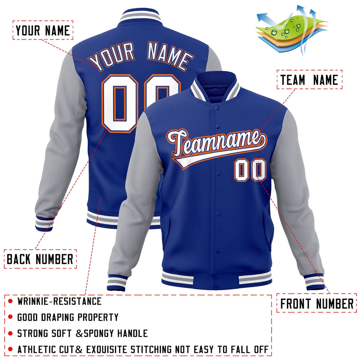 Custom Royal White-Royal Raglan Sleeves Varsity Full-Snap Letterman Jacket
