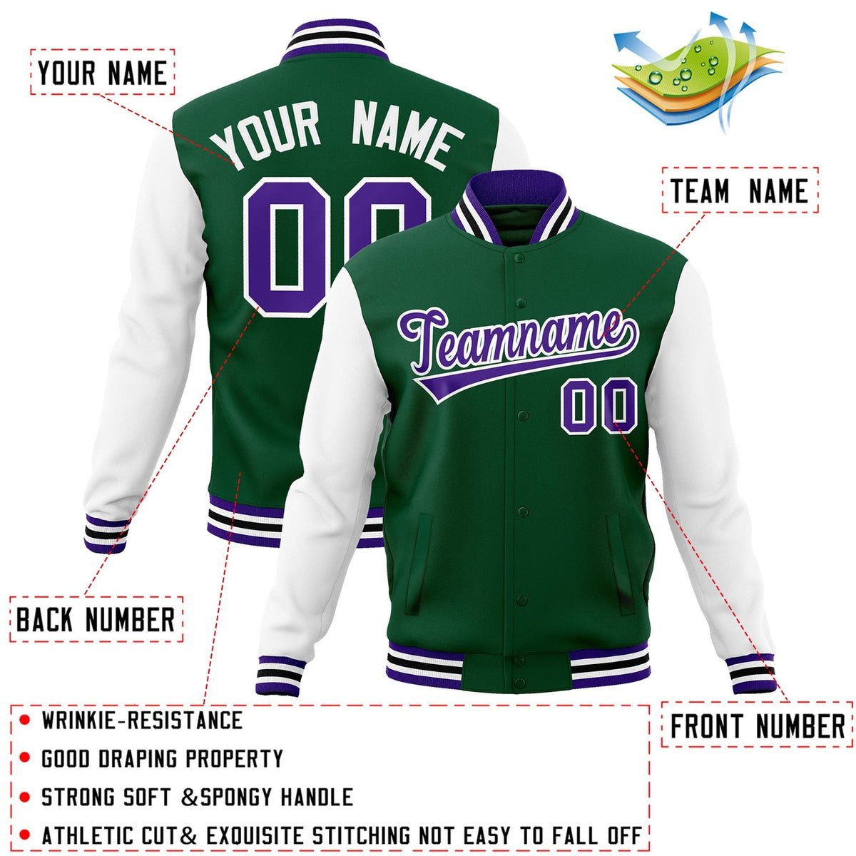 custom green&amp;white raglan sleeves varsity full snap baseball jackets for school teams