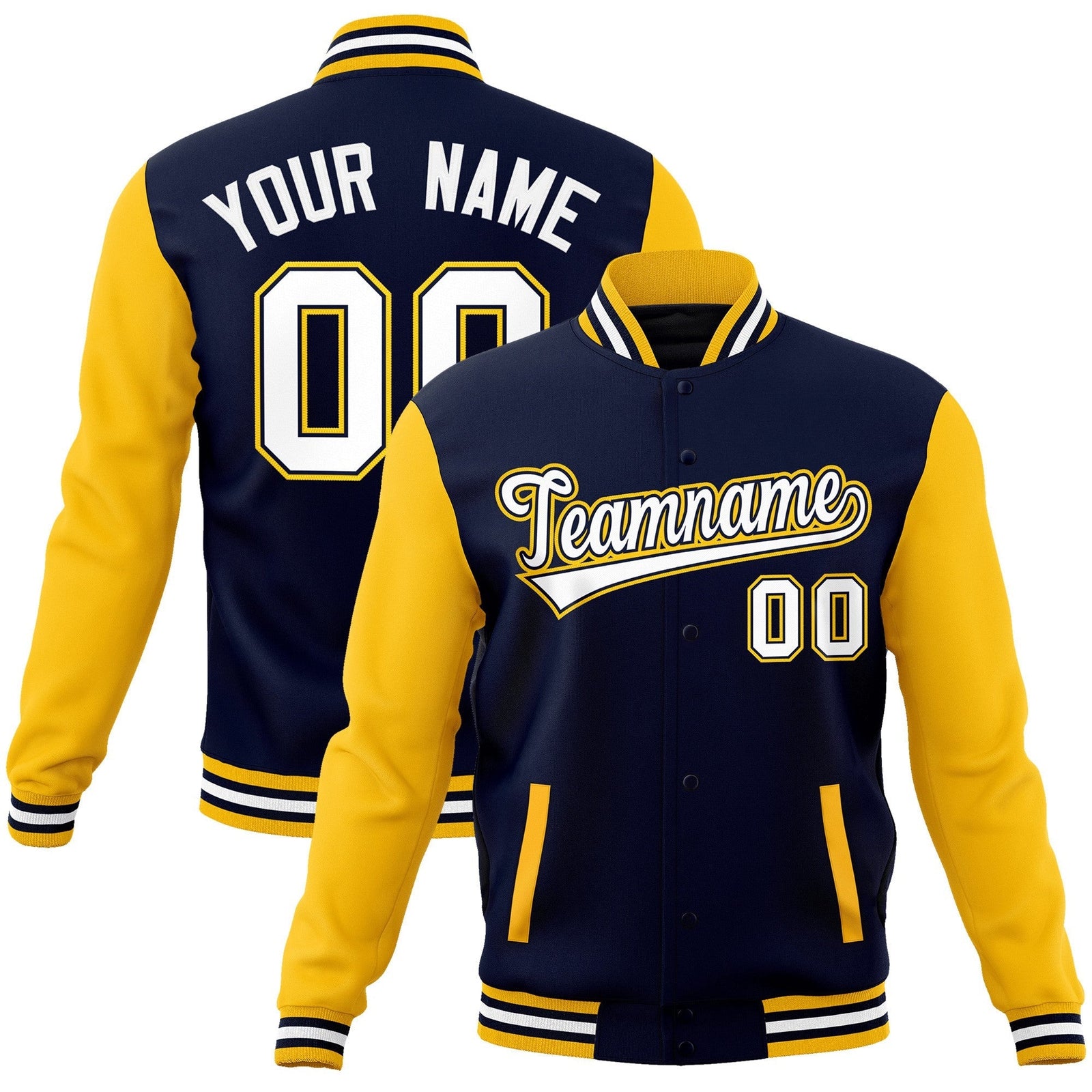 Custom Navy Yellow Raglan Sleeves Varsity Full-Snap Letterman Jacket