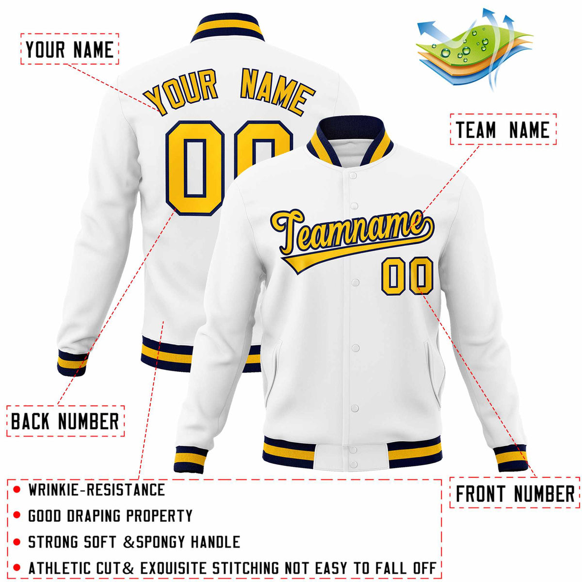 Custom White Gold-Navy Classic Style Varsity Full-Snap Letterman Jacket
