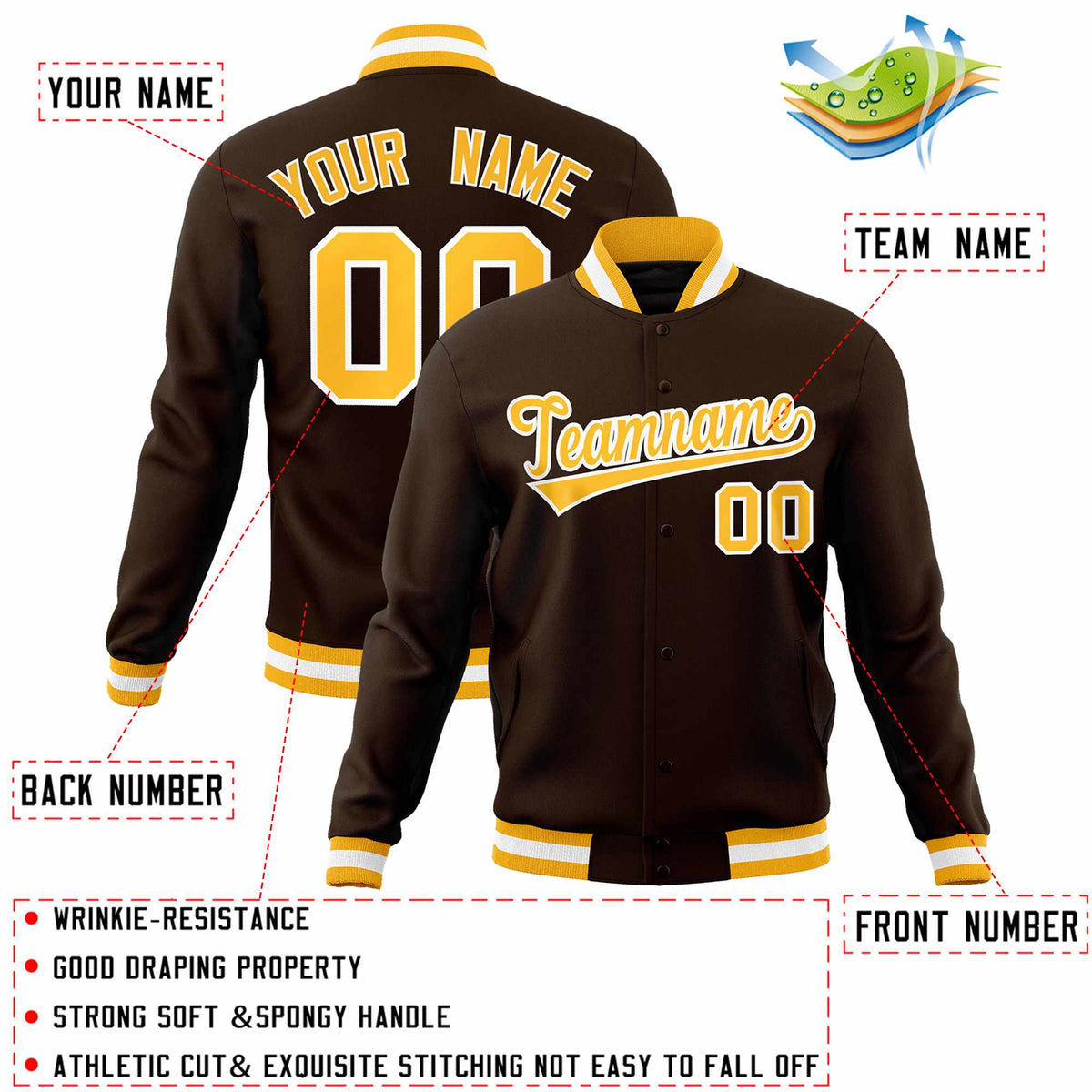 Custom Brown Yellow-White Classic Style Varsity Full-Snap Letterman Jacket