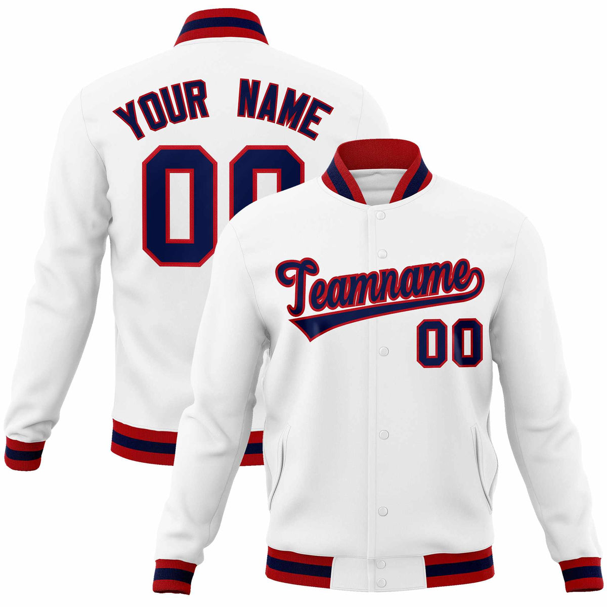 Custom White Navy-Red Classic Style Varsity Full-Snap Letterman Jacket