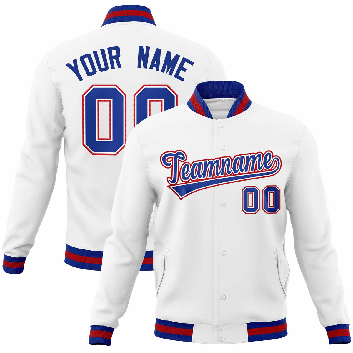 Custom White Royal-Red Classic Style Varsity Full-Snap Letterman Jacket