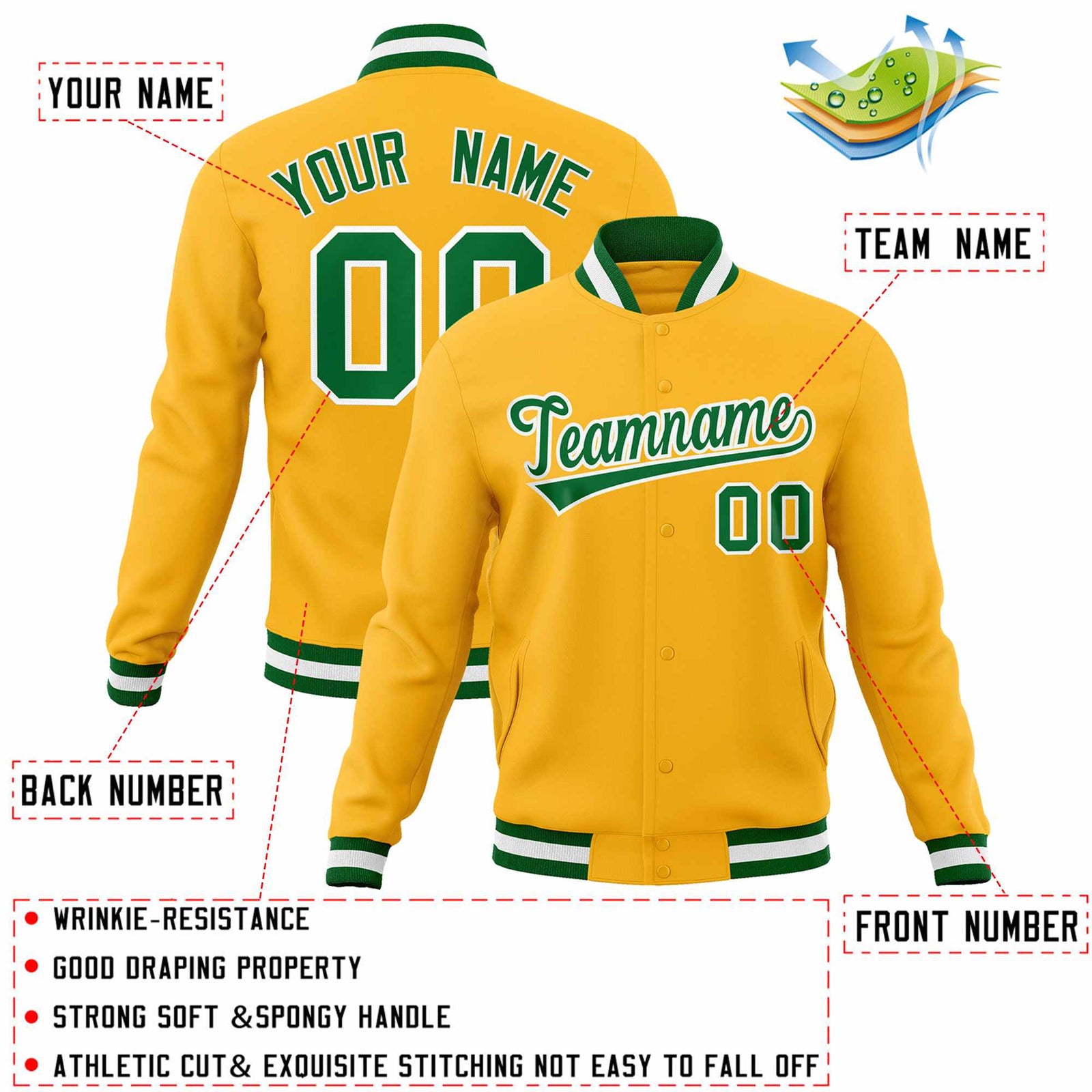 Custom Gold Kelly Green-White Classic Style Varsity Full-Snap Letterman Jacket