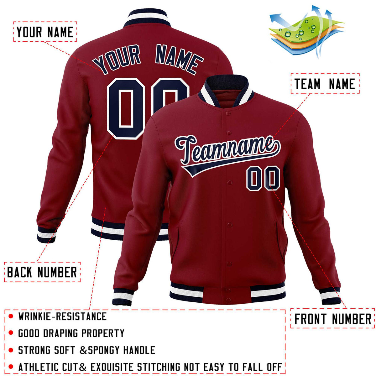 Custom Crimson Navy-White Classic Style Varsity Full-Snap Letterman Jacket