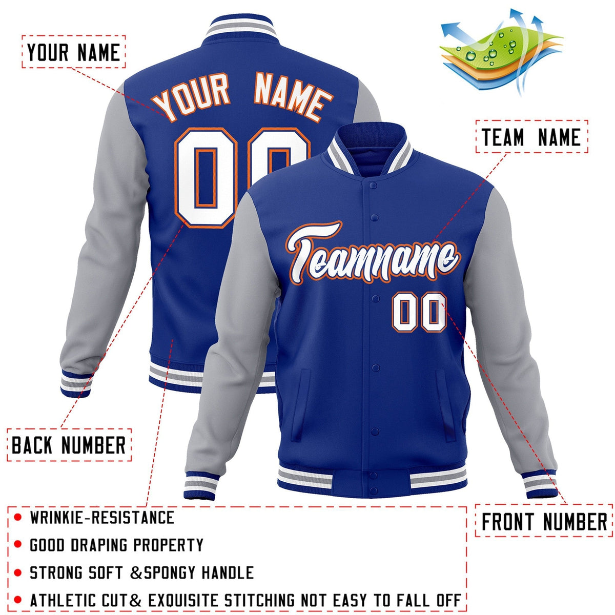 Custom Royal White-Royal Raglan Sleeves Varsity Full-Snap Letterman Jacket