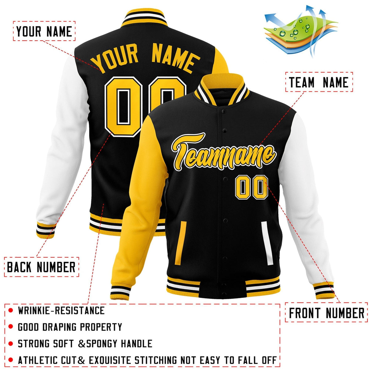 Custom Black Gold-Black Raglan Sleeves Varsity Full-Snap Letterman Jacket