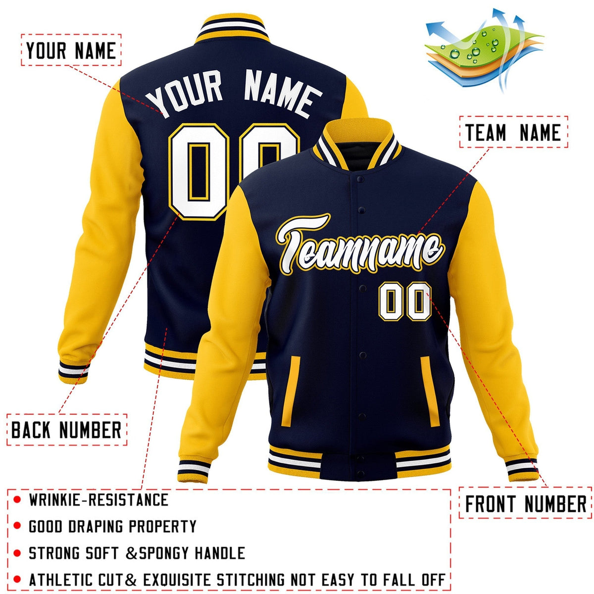Custom Navy Yellow Raglan Sleeves Varsity Full-Snap Letterman Jacket