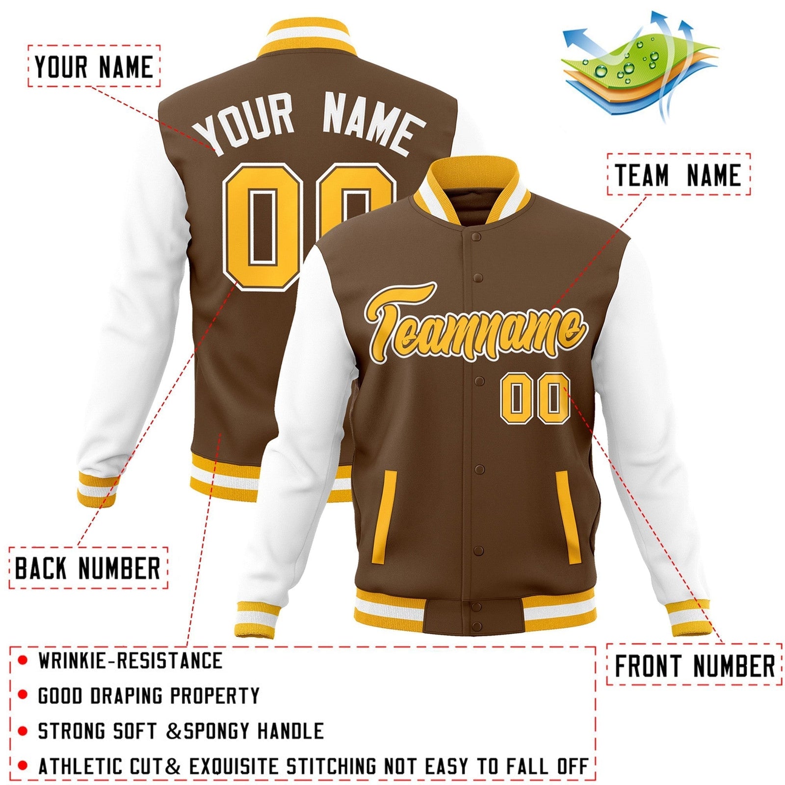 Custom Light Brown Gold-White Raglan Sleeves Varsity Full-Snap Letterman Jacket