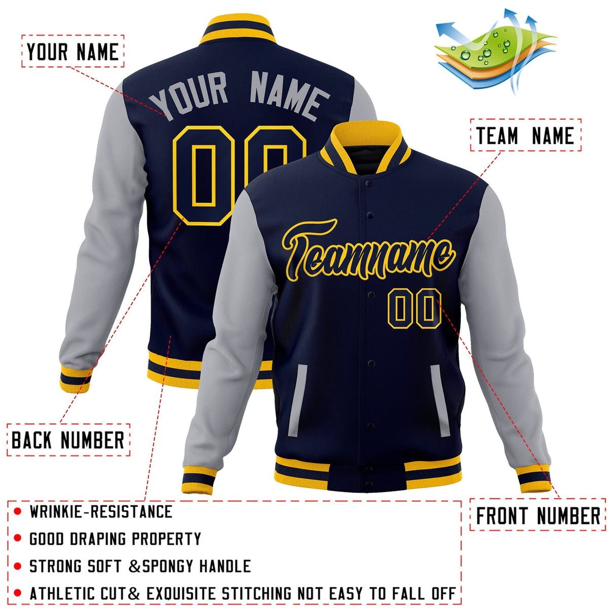 Custom Navy Navy-Gold Raglan Sleeves Varsity Full-Snap Letterman Jacket