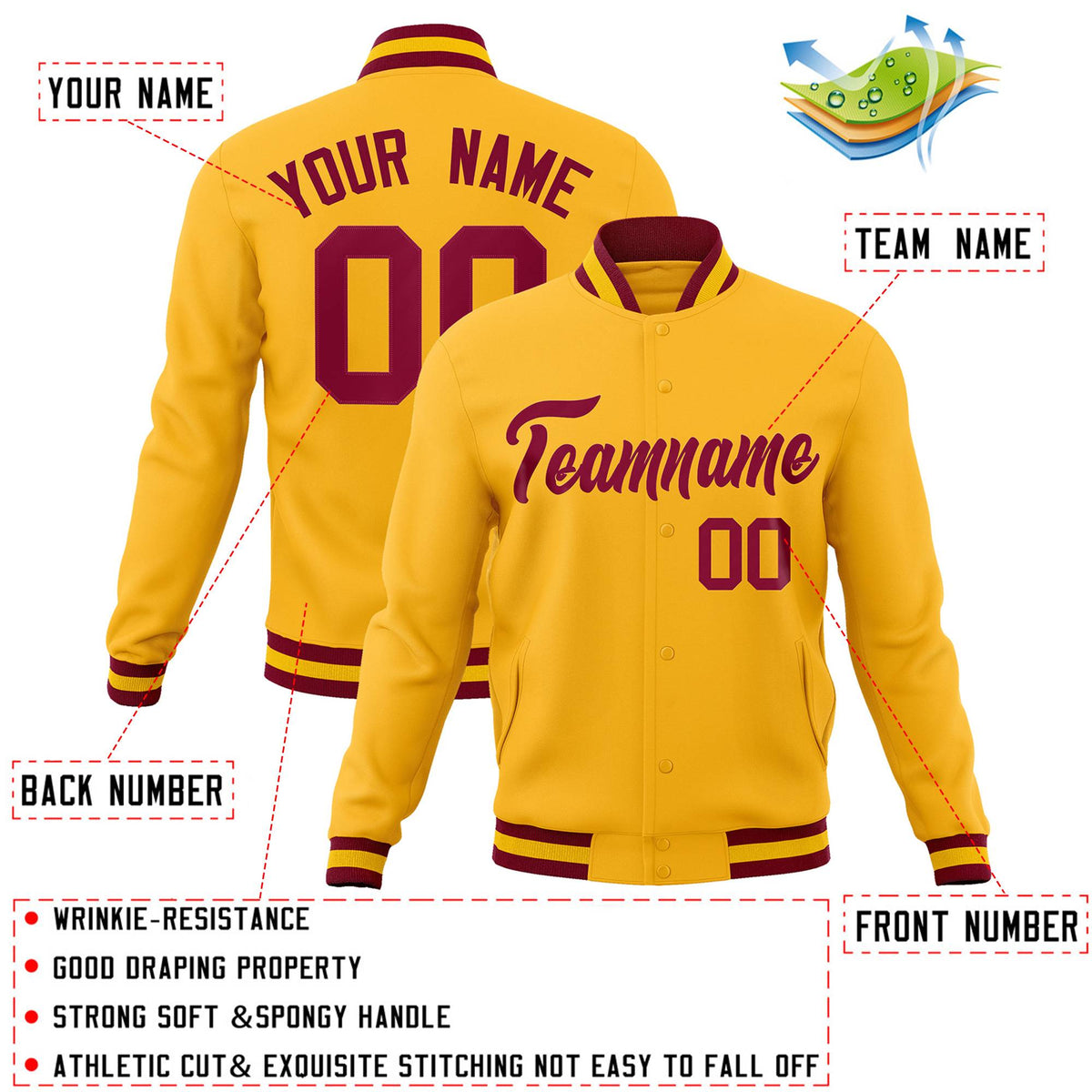 Custom Gold Crimson Classic Style Varsity Full-Snap Letterman Jacket