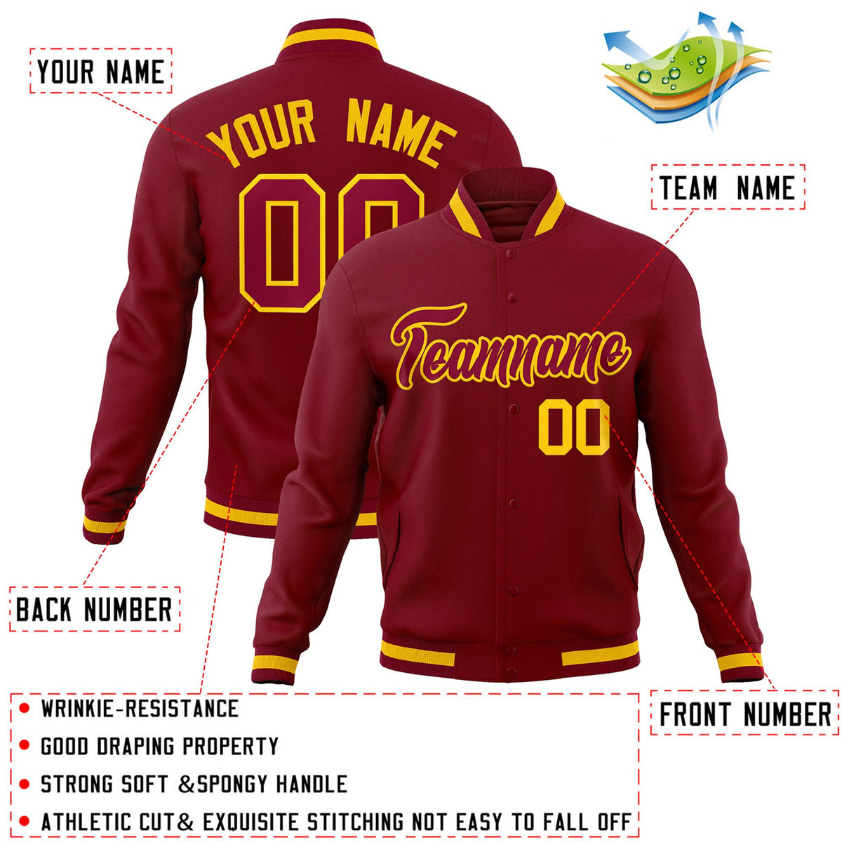Custom Crimson Crimson-Gold Classic Style Varsity Full-Snap Letterman Jacket
