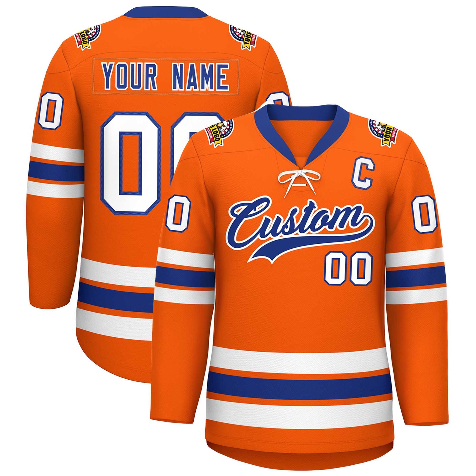 Custom Orange Royal-White Lace-Up Neck Hockey Jersey