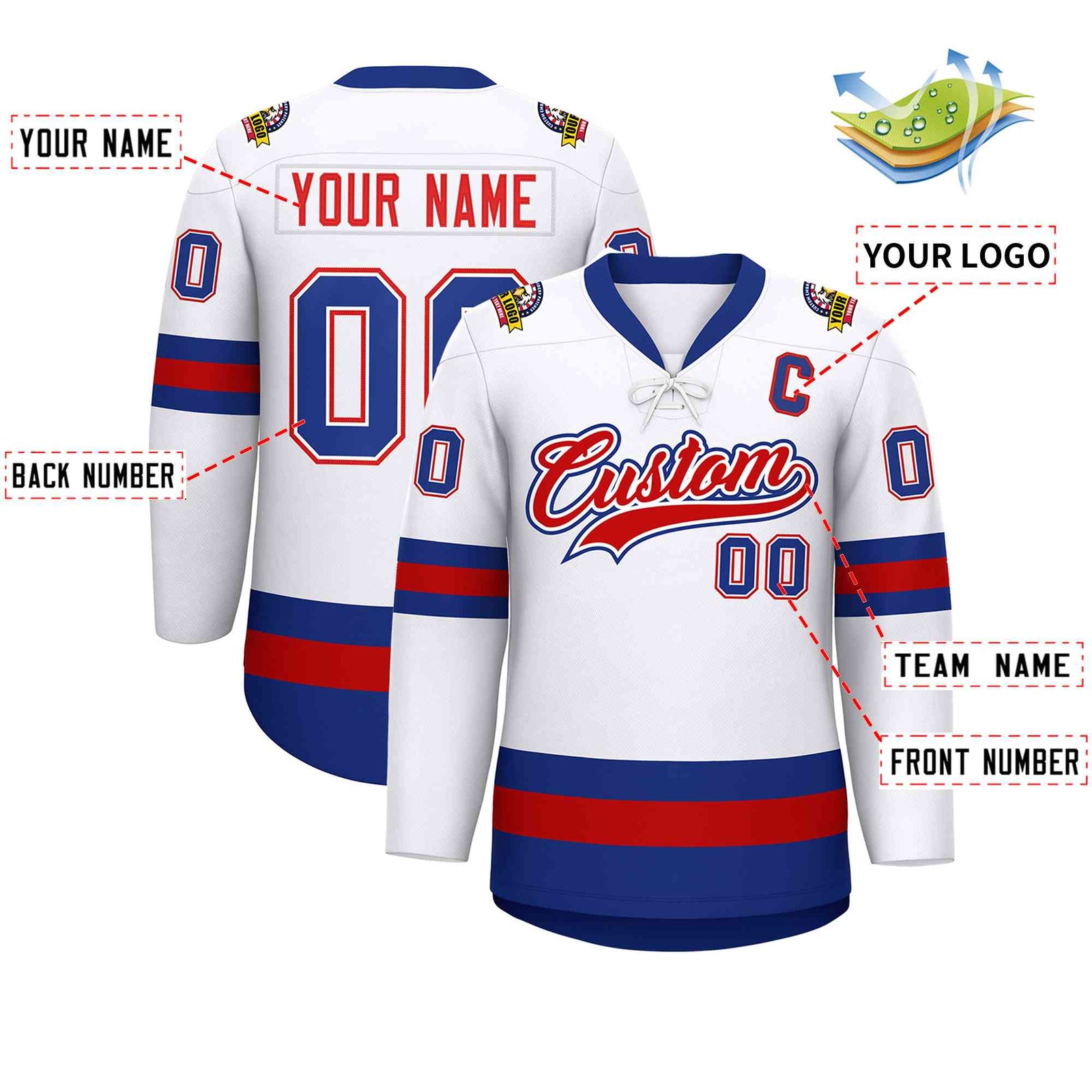 Custom White Red-Royal Lace-Up Neck Hockey Jersey