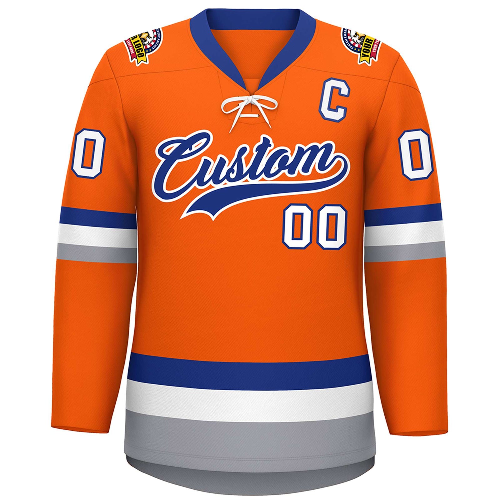 Custom Orange Royal-White Lace-Up Neck Hockey Jersey