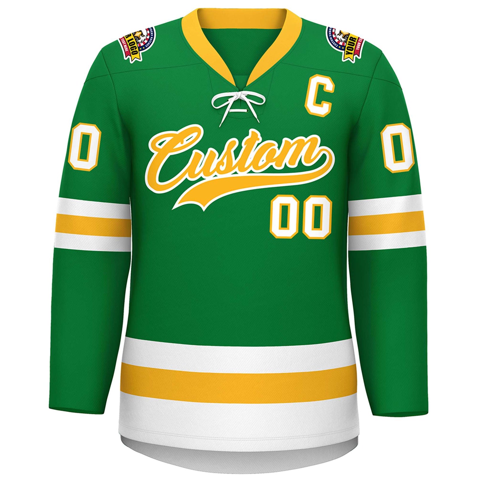 Custom Kelly Green Gold-White Lace-Up Neck Hockey Jersey