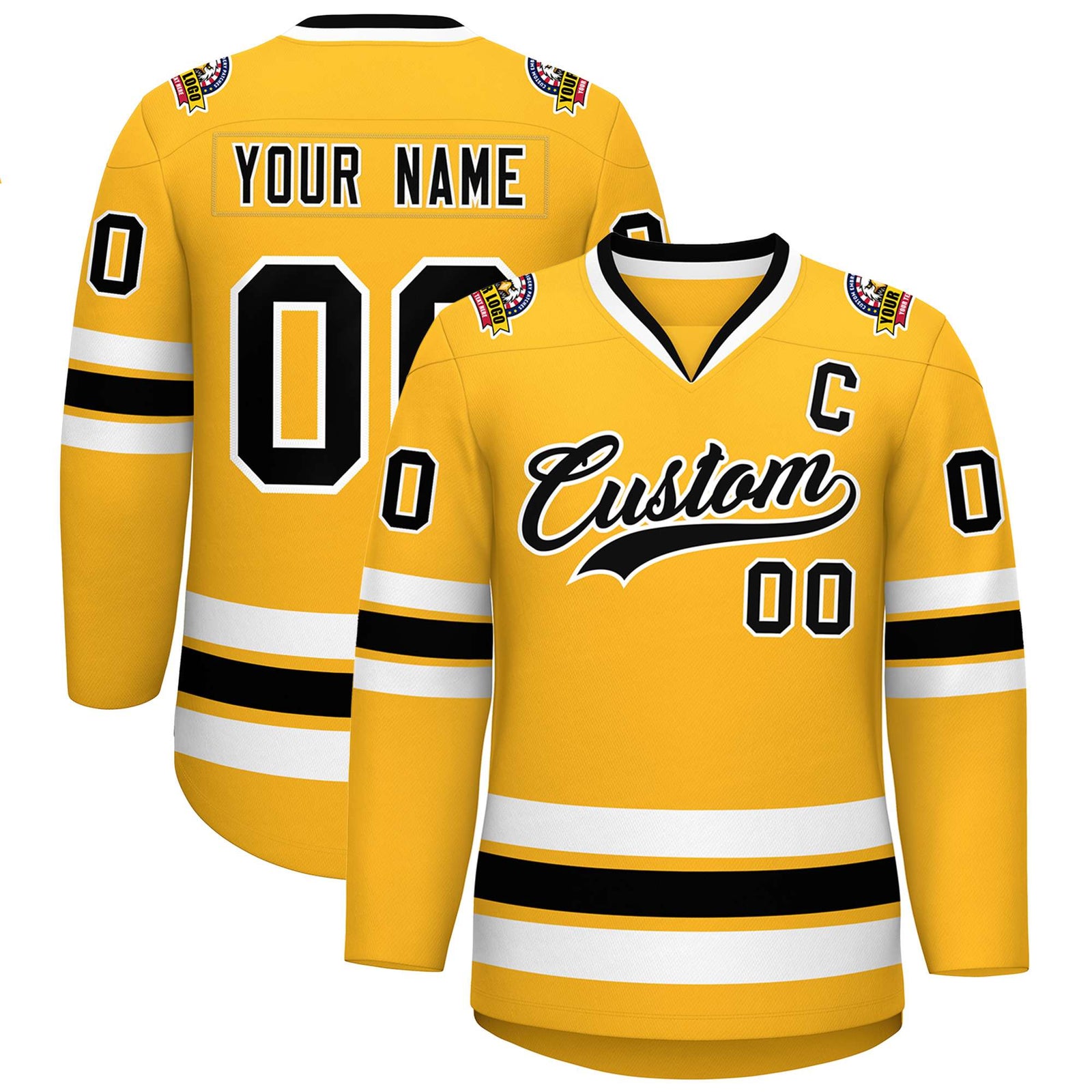 Custom Gold Black-White Classic Style Hockey Jersey